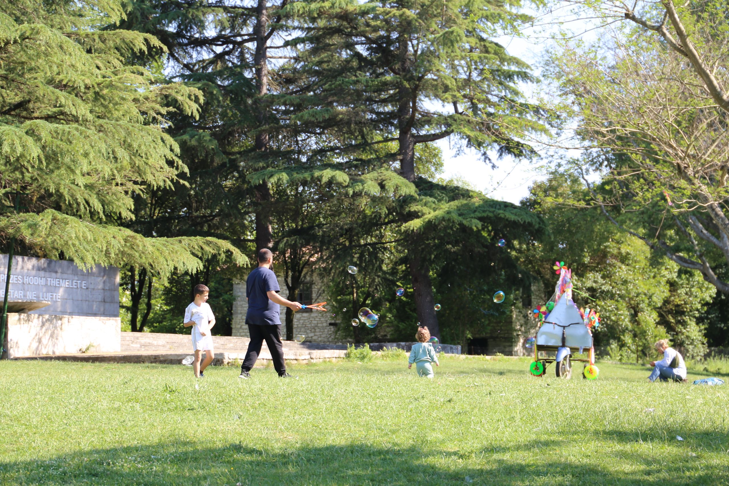 Joyful scene of children playing with bubbles in a sunny park surrounded by trees.